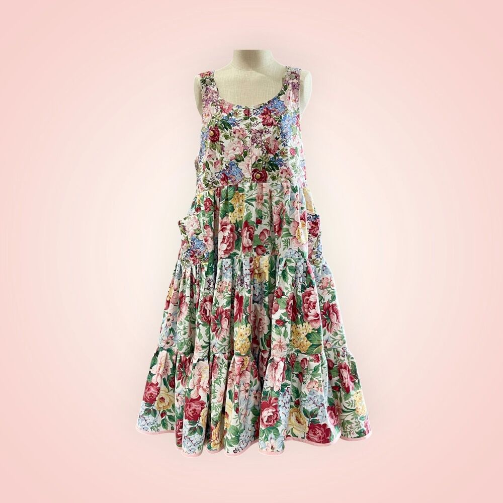 Handmade Floral Tiered Maxi Dress, patch pockets and adjustable straps, Size L - Picture 11 of 16